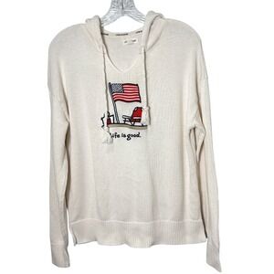 Life Is Good Womens Medium Hooded Sweater American Flag Beach Ivory USA Coastal